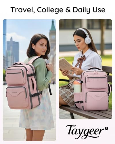 Taygeer 18 x 14 x 8 Inches Personal Item Bag, Travel Personal Item Bag with Water Bottle Pocket & Shoe Pouch, TSA Approved Under Seat Carry on Backpack Fits 15.6 inch Laptop for Women Airplanes, Pink