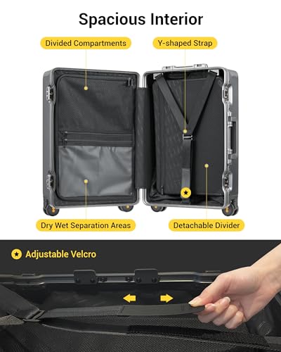 LEVEL8 Zipperless Carry On Luggage Airline Approved with Aluminum Frame, Hard Shell Suitcase with Spinner Wheels, Metal Checked Luggage with Double Tsa Locks, 20 Inch, Grey