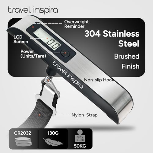 travel inspira Luggage Scale, Digital Luggage Scales, Baggage Scale with Overweight Alert LCD Display 110LB / 50KG (Stainless Steel, Black) Battery Included