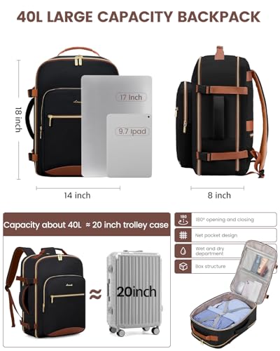 LOVEVOOK 40L Travel Backpack for Women & Men, Airline Approved Carry On Luggage with 3 Packing Cubes, TSA Overnight Bags, Waterproof Personal Item Bag, Weekender Essentials Backpacks fits 17" Laptop