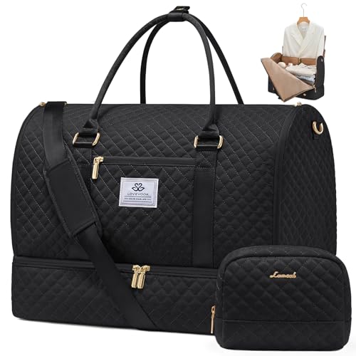 LOVEVOOK Convertible Garment Bag for Travel with Shoe Compartment, Carry On Garment Duffel Bag with Toiletry Bag, 2 in 1 Hanging Suitcase Suit Bag, Weekender Bag for Women Travel, Wedding, Black