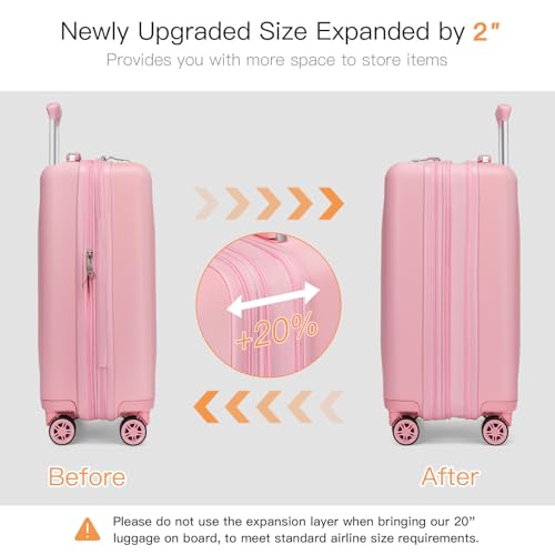 Kono Small 20 Inch Expandable Carry On Luggage with Quiet Spinner Wheels & TSA Lock, Scratch and Drop Resistant PC+ABS Hardside 22x14x9 Airline Approved Suitcase, Pink