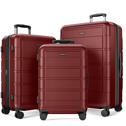 SHOWKOO PRO G-Series Luggage Sets 3 Piece Expandable 100% PC Durable Hardshell Suitcase with Wheels TSA Lock Lightweight Wine Red