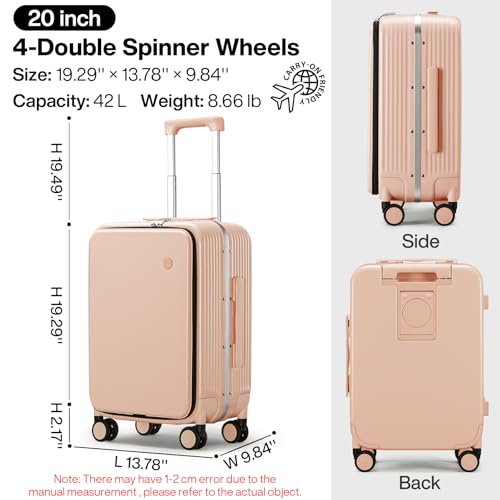 mixi Carry On Luggage with Cup Phone Holder and Charger Hard Shell Suitcases with Spinner Wheels,20 Inch Light Pink