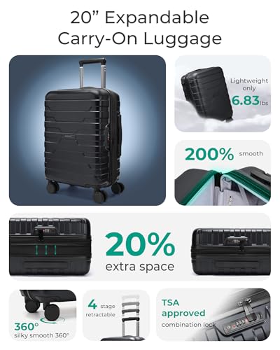 BAGSMART Expandable – Hardside Carry-On – Black for 22x14x9 carry-on luggage detail 2