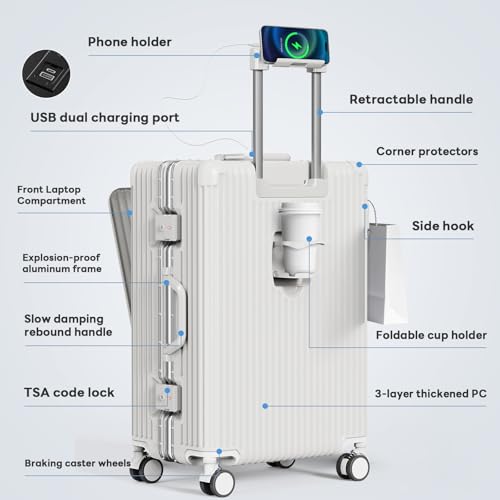 TIYFIY 20 Inch Carry On Luggage Airline Approved, PC Hardshell Suitcase with Front Pocket, USB Charging Ports, Zipperless Aluminum Frame, 360 Spinner Wheels & TSA Lock for Travel