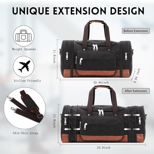 Voylic Men'S Duffle Bag For Travel, Expandable Canvas Duffel Bags Overnight Weekend Gym Carry On Luggage Bag For Men(Black)