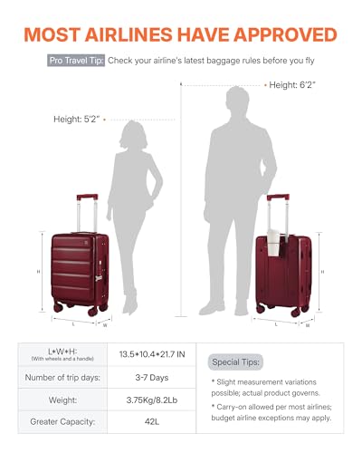 ISLAND ELEPHANT 20 Inch Carry On Luggage with Cup Holder and USB Port, Top Opening Hard Shell Suitcase with TSA Lock, Spinner Wheels, Airline Approved Lightweight, Woman Men Gifts-Wine Red