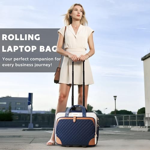 Arcoyard Rolling Laptop Bag, Rolling Briefcase for Women with Waterproof Pocket, 16 Inch Computer Bag, Underseat Carry On Luggage with Wheels for Work Travel Business, Lightweight Navy Blue Brown