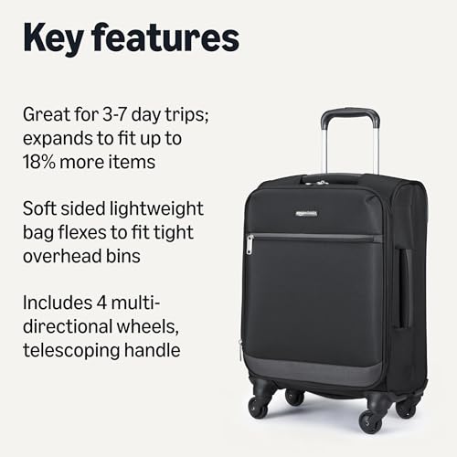 Amazon Basics 18" Medium Carry-On Softside Expandable Suitcase with 360-Degree Spinner Wheels, Telescoping Handle, Zippered Pocket and Straps, Black