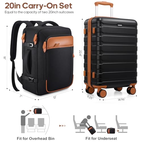 MIUSSE MAX Luggage Sets 3 Piece, 20 Inch Hardshell Carry On Luggage 22x14x9 Airline Approved, Suitcase with TSA Locks & YKK Zippers, Carry On Suitcase with Wheels for Men & Women Travel