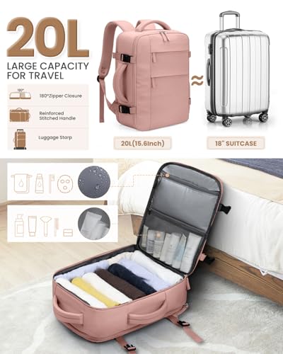 Pritent Travel Backpack for Women Man, Waterproof Personal Item Travel Bag Airline Approved Laptop Backpack Bookbag Weekender bags for Business,Travel, Work Fits 15.6 inch Laptop(Medium,Pink)