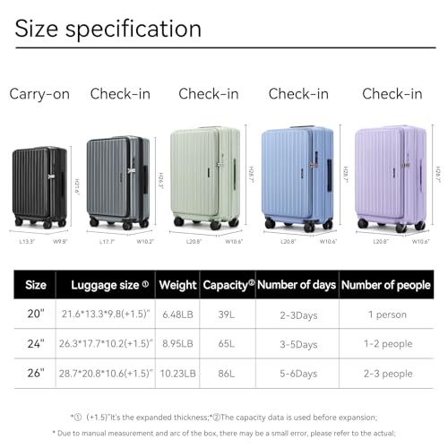 ROAMING 20 Inch Carry On Luggage Expandable Front Opening Rolling Vacation Suitcase with Spinner Wheels and TSA Lock Cup Holder PC Hard Shell Travel Trolley Case for Shout Business Trips purple