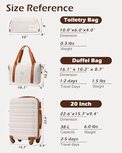 LONG VACATION Carry On Luggage Sets 3 Piece 20 Inch Suitcase Set, ABS+PC Hardshell Lightweight Travel Luggage with Spinner Wheels & YKK Zipper TSA Lock (BEIGE-BROWN, 20 Inch)