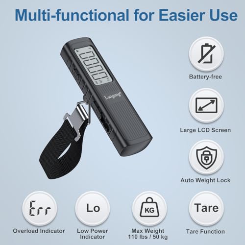 Battery-Free Digital Luggage Scale, 110lbs/50kg Portable Handheld Hanging Scale for Luggages, Suitcases, Backpacks & Bags, Easy Weighing for Travel, No Need Batteries (Black)