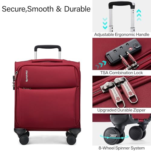 Hanke 16 Inch Underseat Carry On Luggage with Spinner Wheels Airline Approved, Small Rolling Suitcase Softside Underseater Lightweight TSA Travel Roller Suitcase Carry-On Bag(Burgundy)