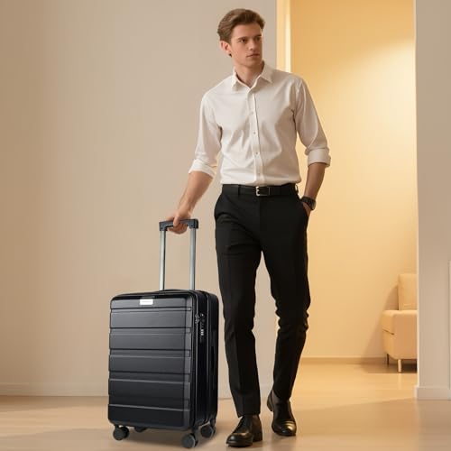 KROSER Carry On Luggage with Spinner Wheels & Built-in TSA Lock, Expandable Top Opening Hard Shell Suitcase Large Capacity Durable Rolling Luggage with USB Port, Carry-On 20-Inch, Black