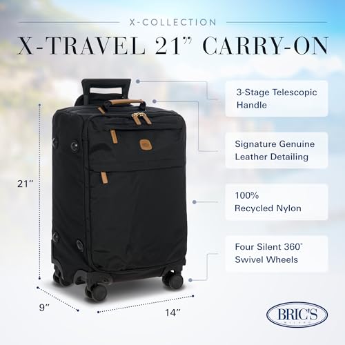 Bric's X-Travel 21” Carry-On Spinner – Airline Approved Luxury Softside Luggage with 360° Wheels, Recycled Water-Resistant Fabric, Interior Pockets, and Leather Details – Black