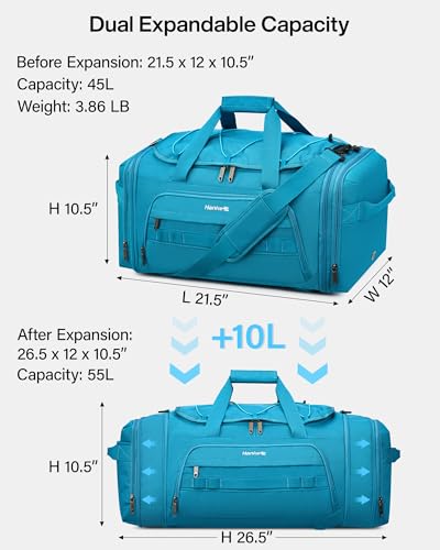 Hanke Duffle Bag for Travel, Dual Expandable 45L-55L Carry On Duffel, 3 In 1 Weekender Tote, Water Resistant Overnight Bag with 15.6" Compartment for Men Women, Caribbean Blue