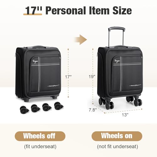 Tonyeee Softside Carry on Luggage Airline Approved, 17 Inch Underseat Carry-on Luggage with Removable Spinner Wheels, Small Personal Item Suitcase for Travel Business (Black, 17 inch_Underseat)