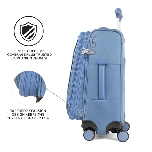 Travelpro VersaPack+ Lightweight Softside Expandable Carry on Luggage, 8 Spinner, TSA Lock, Carry On 21-Inch, Elemental Blue