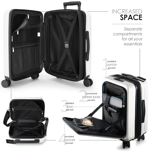 TRAVELARIM 22 Inch Carry On Luggage 22x14x9 Airline Approved, Small Carry On Suitcase, Hard-shell Carry-on Luggage with Wheels, Durable Expandable White Luggage Carry-On with Cosmetic Case