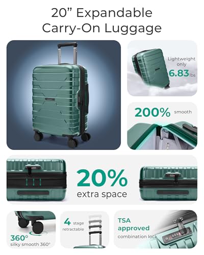 BAGSMART Expandable – Hardside Carry-On – Pine Green for 22x14x9 carry-on luggage detail 2