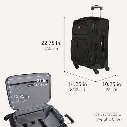 SWISSGEAR Sion Softside Expandable Spinner Luggage Durable Lightweight Travel Suitcase, Black, Carry-On