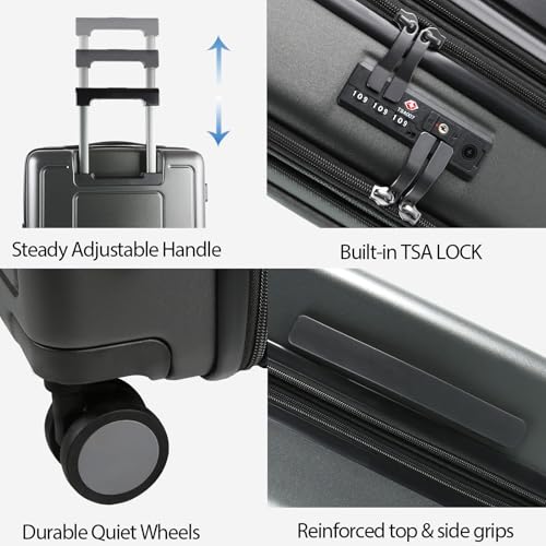 KROSER Hardside Expandable Carry On Luggage 22x14x9 Airline Approved With Front Business Pockets, 20 Inch Suitcases with Wheels, Carry on Suitcase with TSA Lock & USB Port, Steel Grey