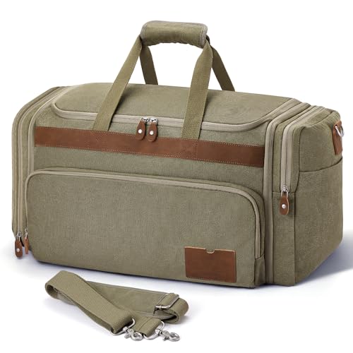 SHOWKOO Duffle Bag for Travel 60L Expandable Canvas Travel Bag Durable Vintage Weekender Overnight Carry On Bag for Men(Army Green)