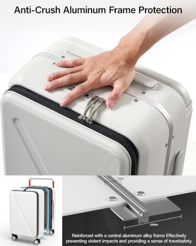 MILADA Wide Handle Carry On Luggage with Front Pocket Hardshell 20 Inch Front Opening Luggage with Spinner Wheels TSA Lock Aluminium Suitcase Airline Approved Carry-On Travel Luggage, White