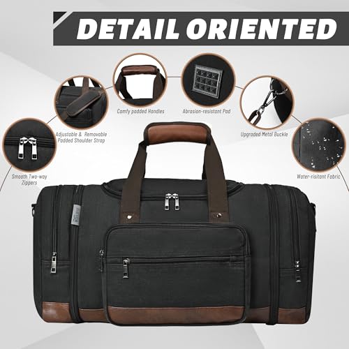 Wohlbege Duffle Bag for Travel,Overnight Weekend Gym Carry On Luggage Bag, 50L Canvas Travel Duffel Bag for Men Women, Expandable Spacious Travel Duffel Bag, Black