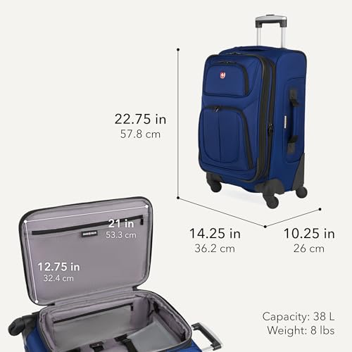 SWISSGEAR Sion Softside Expandable Spinner Luggage Durable Lightweight Travel Suitcase, Blue, Carry-On