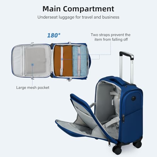HanTrip 16 Inch Underseat Carry On Luggage with Wheels Softside Small Suitcases Personal Item Bag with Pocket Travel Luggage for Men Women Business Overnight Bag(Blue)