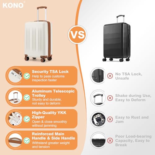 Kono Small 20 Inch Expandable Carry On Luggage with Quiet Spinner Wheels & TSA Lock, Scratch and Drop Resistant PC+ABS Hardside 22x14x9 Airline Approved Suitcase, Cream White & Brown
