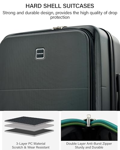 Hanke 20 Inch Expandable Carry On Luggage with Cup Holder 22x14x9 Airline Approved, Top Opening Hard Shell Suitcases with Wheels, Carry-On Travel Suitcase Trunk Luggage with Lock, Jet Black
