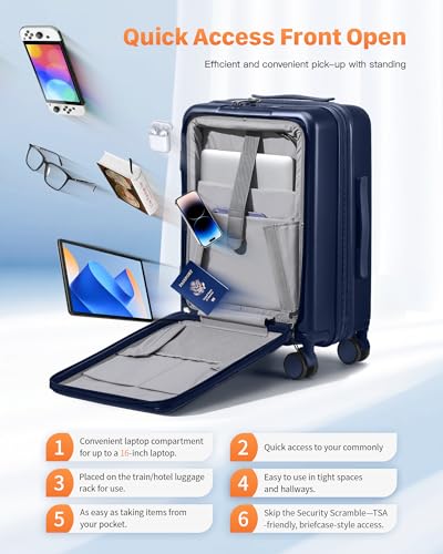 ISLAND ELEPHANT 20IN Carry On Luggage Airline Approved - Expandable Hardside Suitcase with 16" Laptop Compartment, Cup Holder, Phone Mount, USB Port,TSA Lock, 360°Spinner Wheels (Navy Blue)