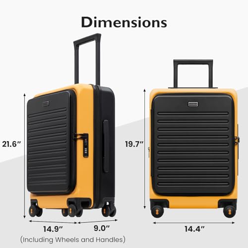 LEVEL8 Top Opening Carry on Luggage with Narrow Trolley Handle, Large Suitcases with Wheels Airline Approved, Expandable Hardside Luggage with Spinner Wheel for Men Women, 20 Inch, Yellow