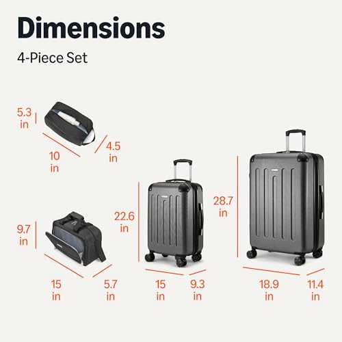 Amazon Basics 4-Piece Luggage Set, Hardside Suitcases with Spinner Wheels (22" Carry On & 28" Checked), Tote Bag & Travel Bag, Black