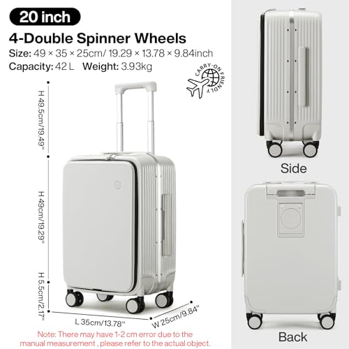 mixi Carry On Luggage with Cup Phone Holder and Charger Hard Shell Suitcases with Spinner Wheels, 20 Inch Smoke White