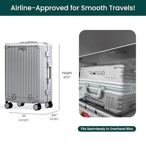Nobl Travel Carry On Luggage, Noble Zipperless Aluminum Frame PC Hard Shell Suitcase, 22.5x15x9.5 Airline Approved, 360° Spinner Wheels, TSA Locks, USB Charging Port, Cup & Phone Holder - Silver
