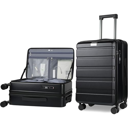 KROSER Carry On Luggage with Spinner Wheels & Built-in TSA Lock, Expandable Top Opening Hard Shell Suitcase Large Capacity Durable Rolling Luggage with USB Port, Carry-On 20-Inch, Black