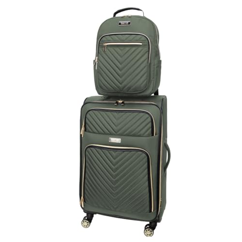 Kenneth Cole REACTION Chelsea 2-Piece Bundle - 20" Chevron Expandable 8-Wheel Carry-On Suitcase & Matching 15" Laptop Backpack, Olive
