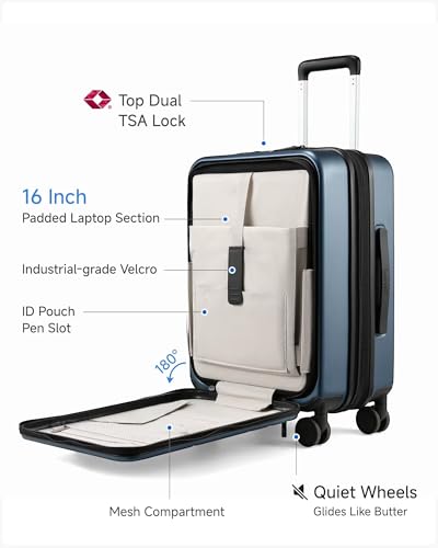 LUGGEX Carry On Luggage 22x14x9 Airline Approved, Expandable Polycarbonate Suitcase with Front Pocket (FX-Core, Blue, 20 Inch)