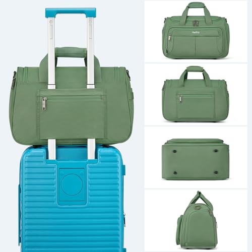 HanTrip Carry on Duffel Bag Foldable Duffle Bags for Travel, Under Seat Personal Item Bags for Airplanes, Weekender Overnight Mens Travel Tote Bag for Women Softside Carry on Luggage (Forest Green)
