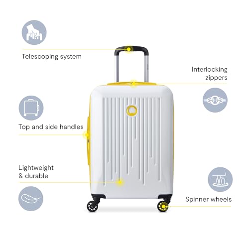 DELSEY PARIS Christine Hardside Expandable Luggage, Stylish and Unique, Glossy Exterior with 360 Spinner Wheels, Lockable Telescoping Handle, Men and Women, White with Yellow Trim, Carry-On 20-Inch