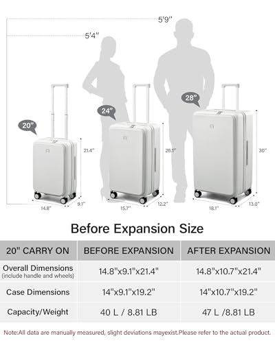 Hanke 20 Inch Expandable Carry On Luggage with Cup Holder 22x14x9 Airline Approved, Top Opening Hard Shell Suitcases with Wheels, Carry-On Travel Suitcase Trunk Luggage with Lock, Smoke White