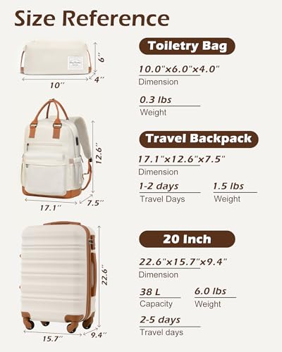 LONG VACATION Carry On Luggage Sets 3 Piece 20 Inch Suitcase Set, ABS+PC Hardshell Lightweight Travel Luggage with Spinner Wheels & YKK Zipper TSA Lock (20 INCH (BP/TB), BEIGE-BROWN)