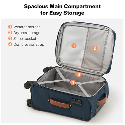 mixi Carry On Luggage 20 Inch Softside Expandable Suitcase with Front Pocket, 22x14x9 Airline Approved Rolling Lightweight Travel Suitcases with Wheels & TSA (Deep Blue-Off White)