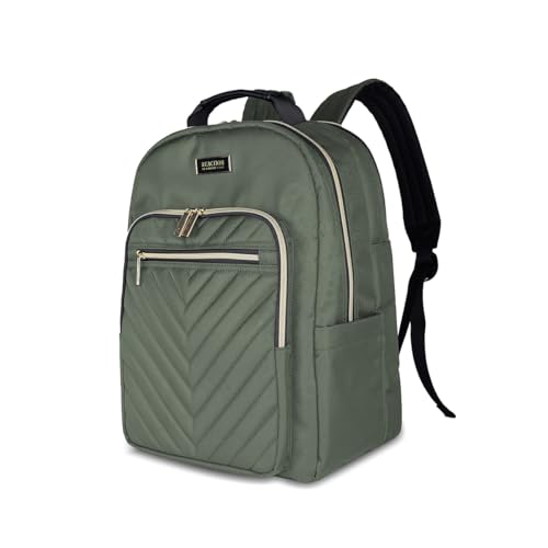 Kenneth Cole REACTION Chelsea 2-Piece Bundle - 20" Chevron Expandable 8-Wheel Carry-On Suitcase & Matching 15" Laptop Backpack, Olive